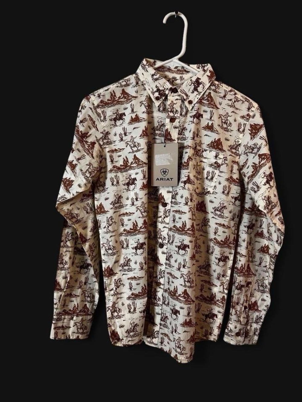Ariat vintage style western cowboy horse print shirt sz L 14-16